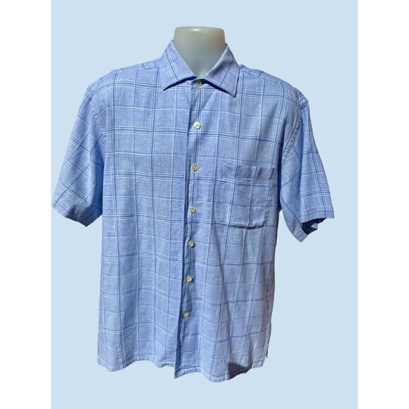 GRAYSON READE MENS SHORT SLEEVE BLUE PLAID LINEN BLEND BUTTON DOWN SHIRT MEDIUM - Picture 8 of 10